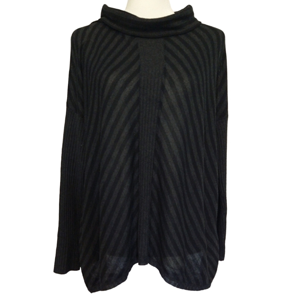 Eileen Fisher Black Gray Striped Cowl Neck Lightweight Sweater Boxy Oversized